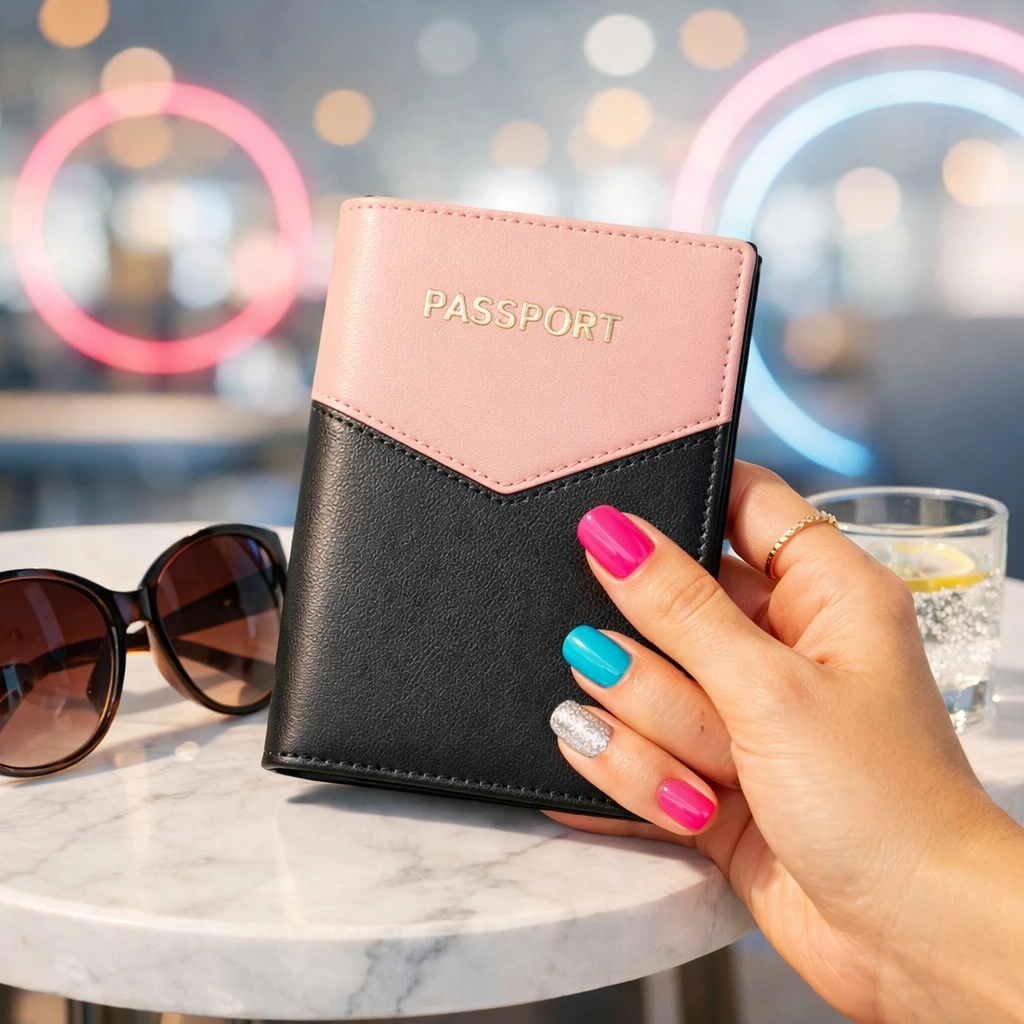 Manicured hand of a trans woman holding a passport holder while traveling through a modern airport lounge.