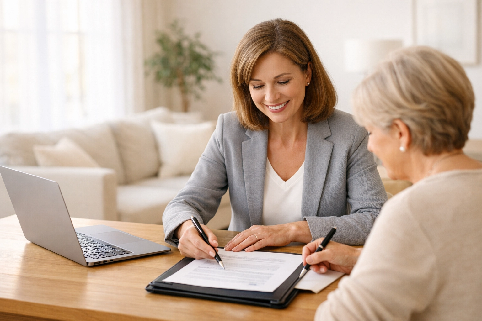 A professional mobile notary assisting a client with signing healthcare power of attorney and medical documents.