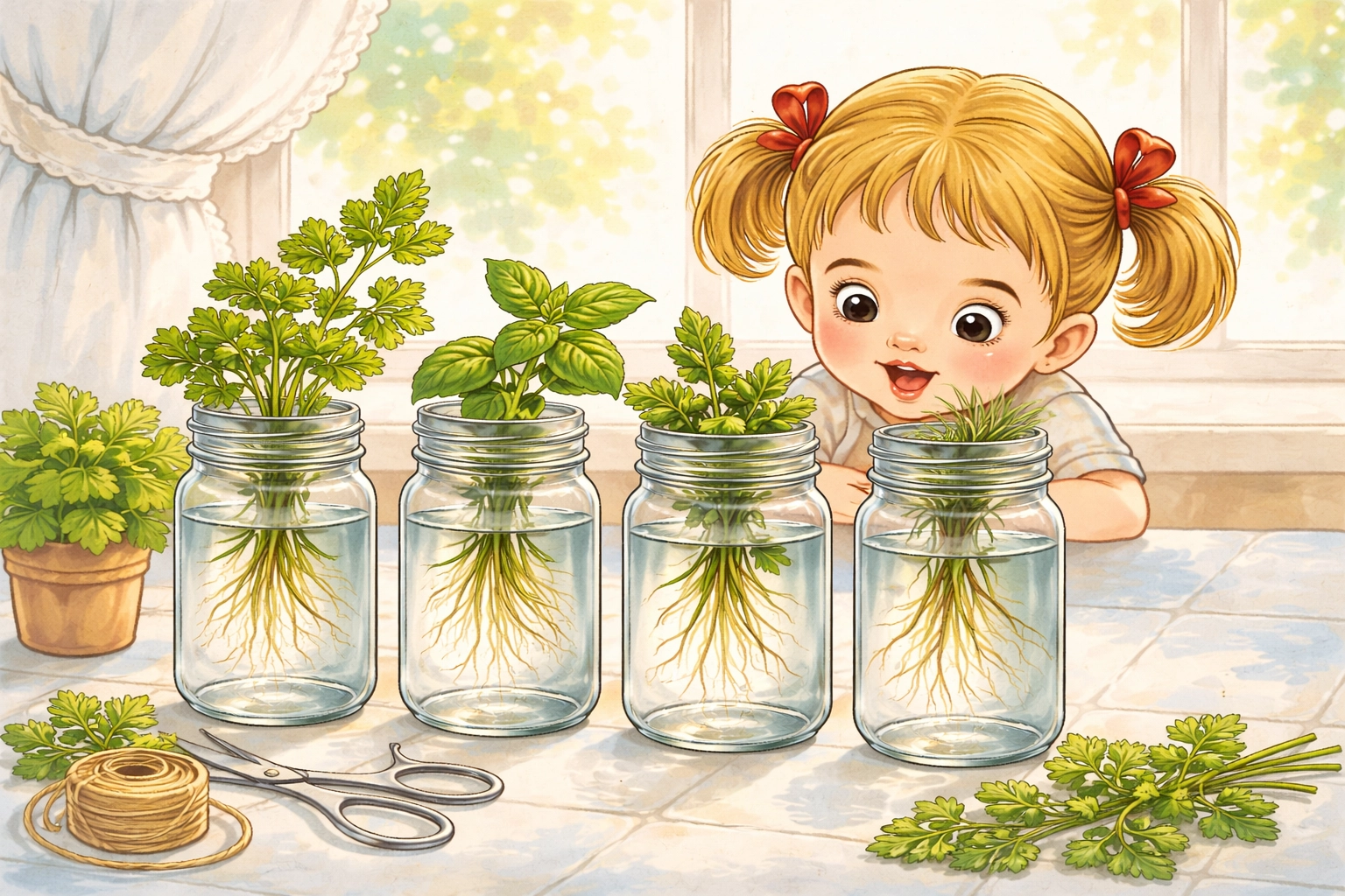 Child watching herbs sprout roots in glass jars on a kitchen counter, demonstrating indoor herb water propagation.