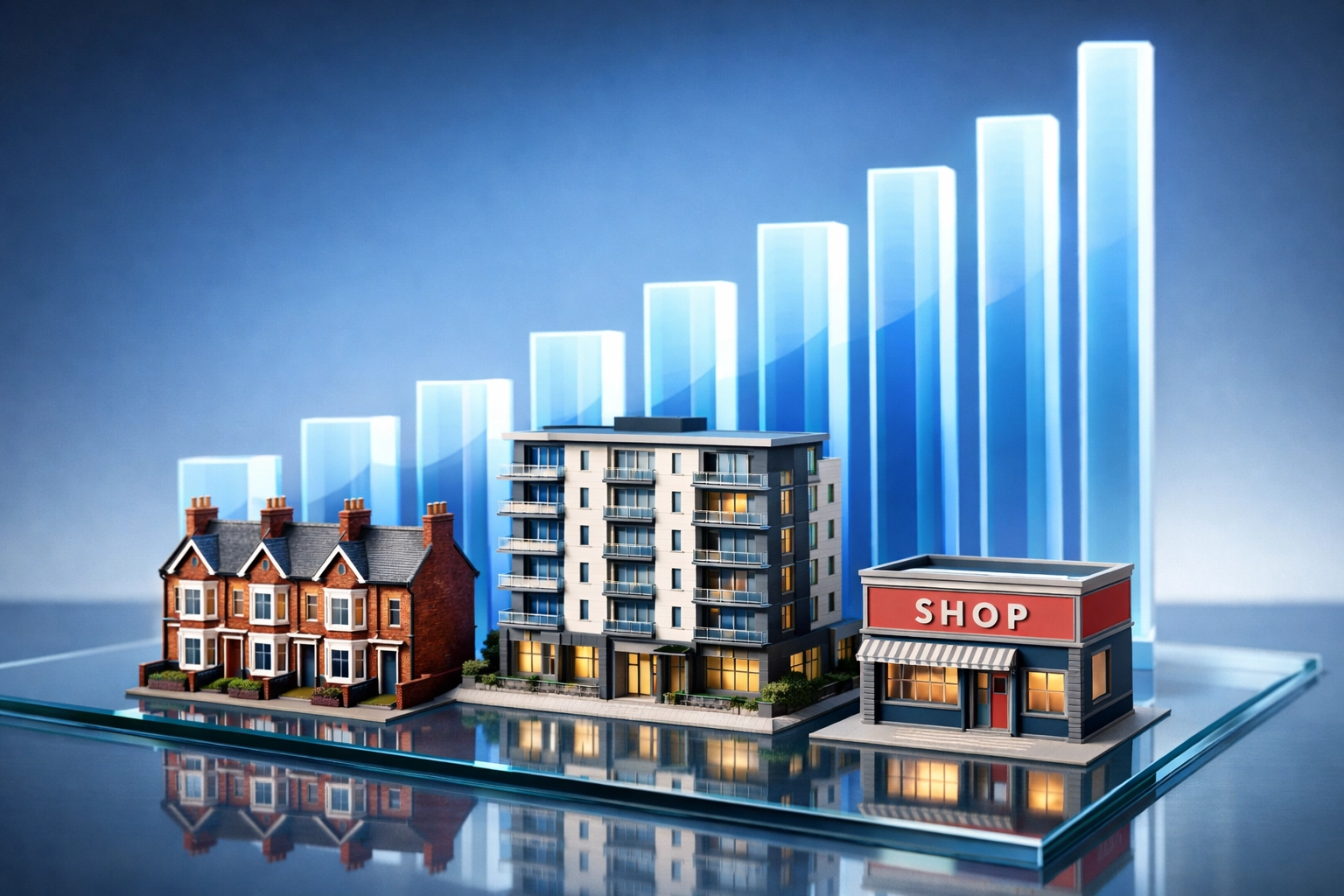 UK property models with rising growth charts representing investment success and expert mortgage advice.