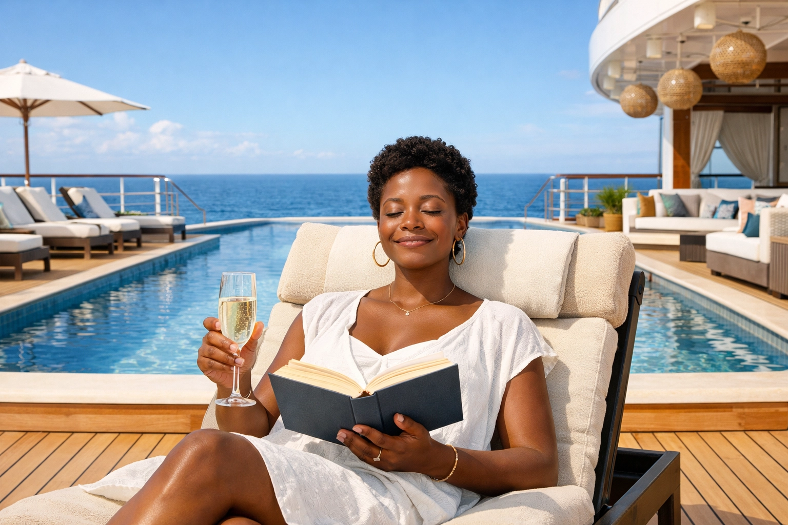 A woman relaxes by a cruise infinity pool, coordinated by a local Omaha travel agent.