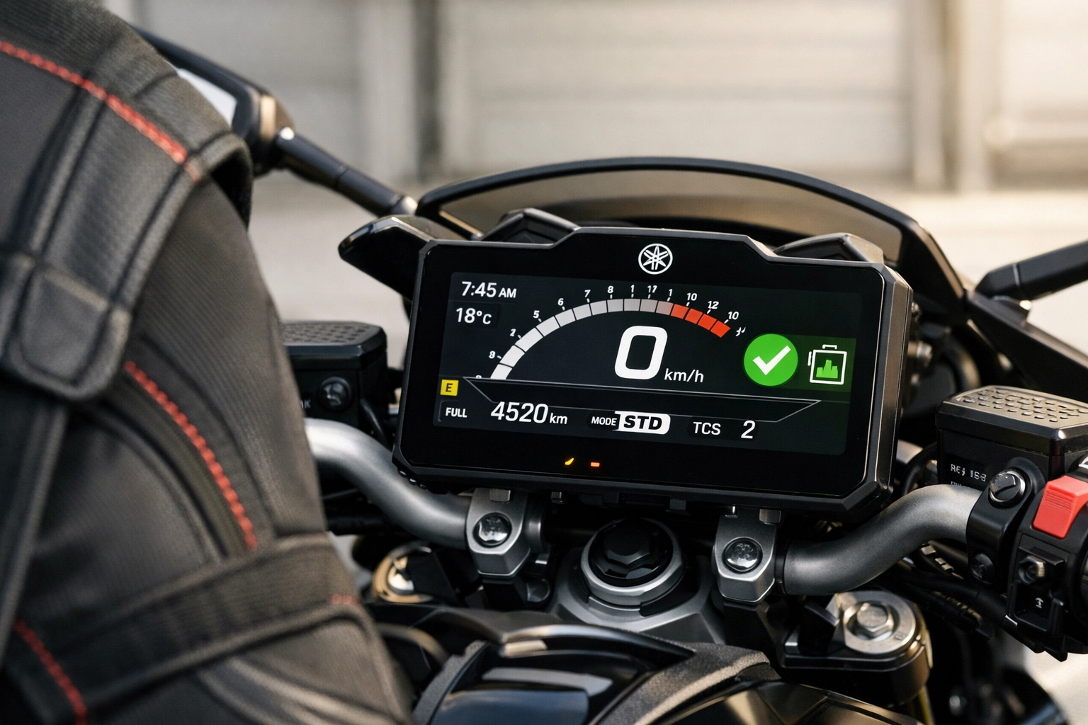 Yamaha motorcycle digital dashboard showing a fully charged airbag safety system status.