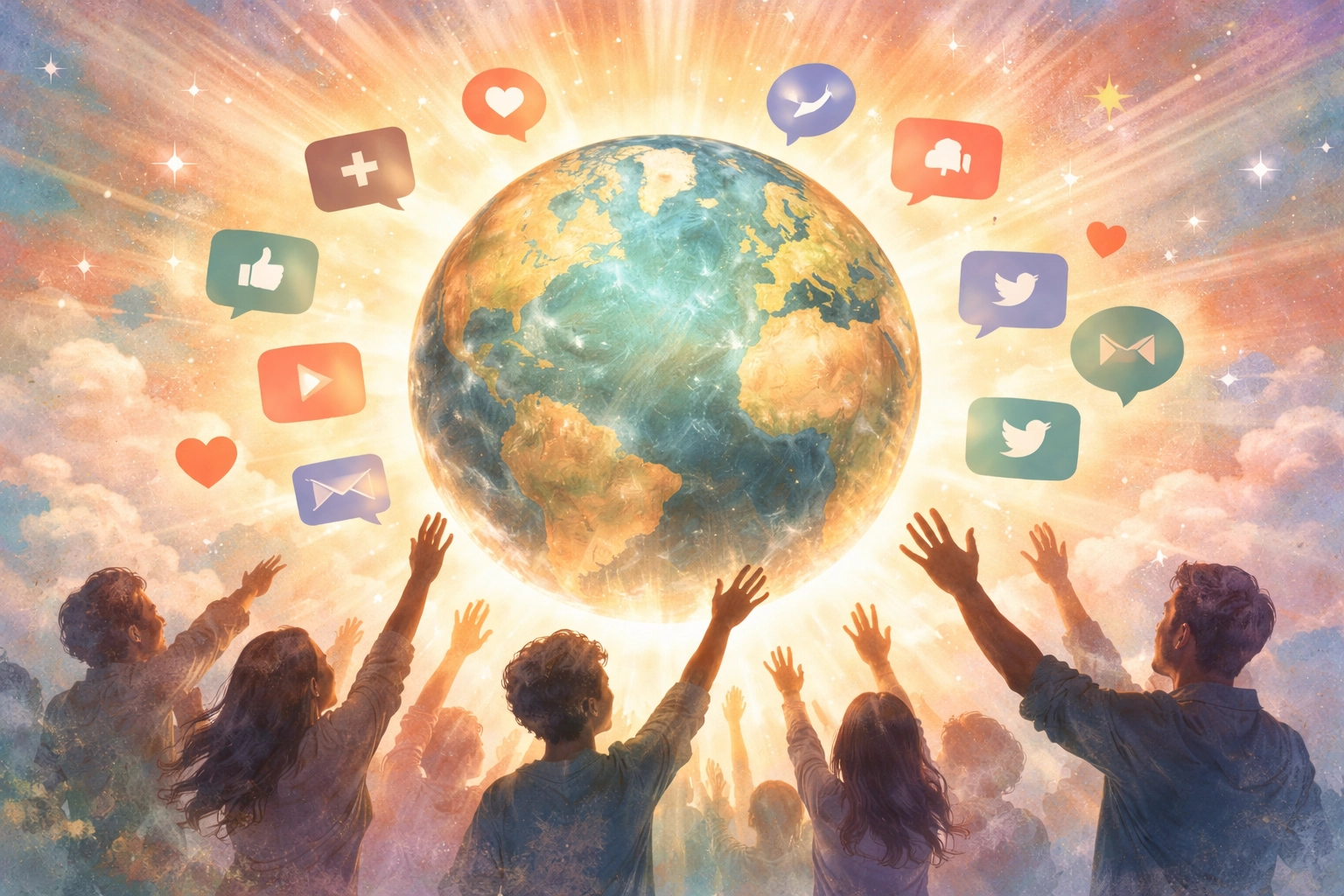 A globe surrounded by social media icons and people shows the global reach of online faith and digital ministry.