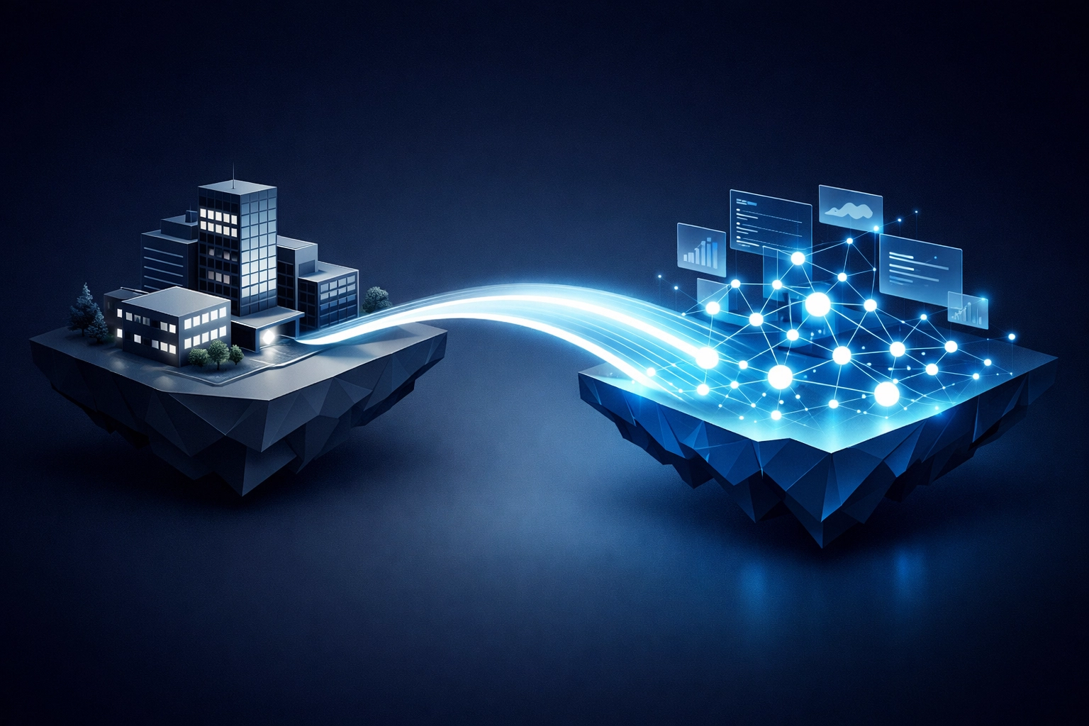 Digital bridge connecting a corporate building to a software network, illustrating white-label platform integration.