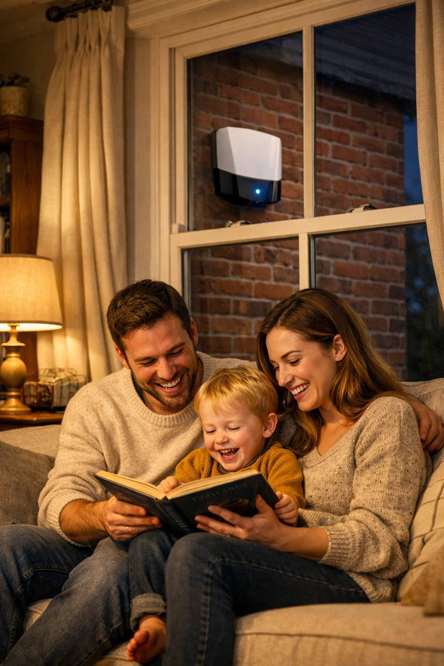 Family relaxing in a Worcester home with a visible external intruder alarm box for security.
