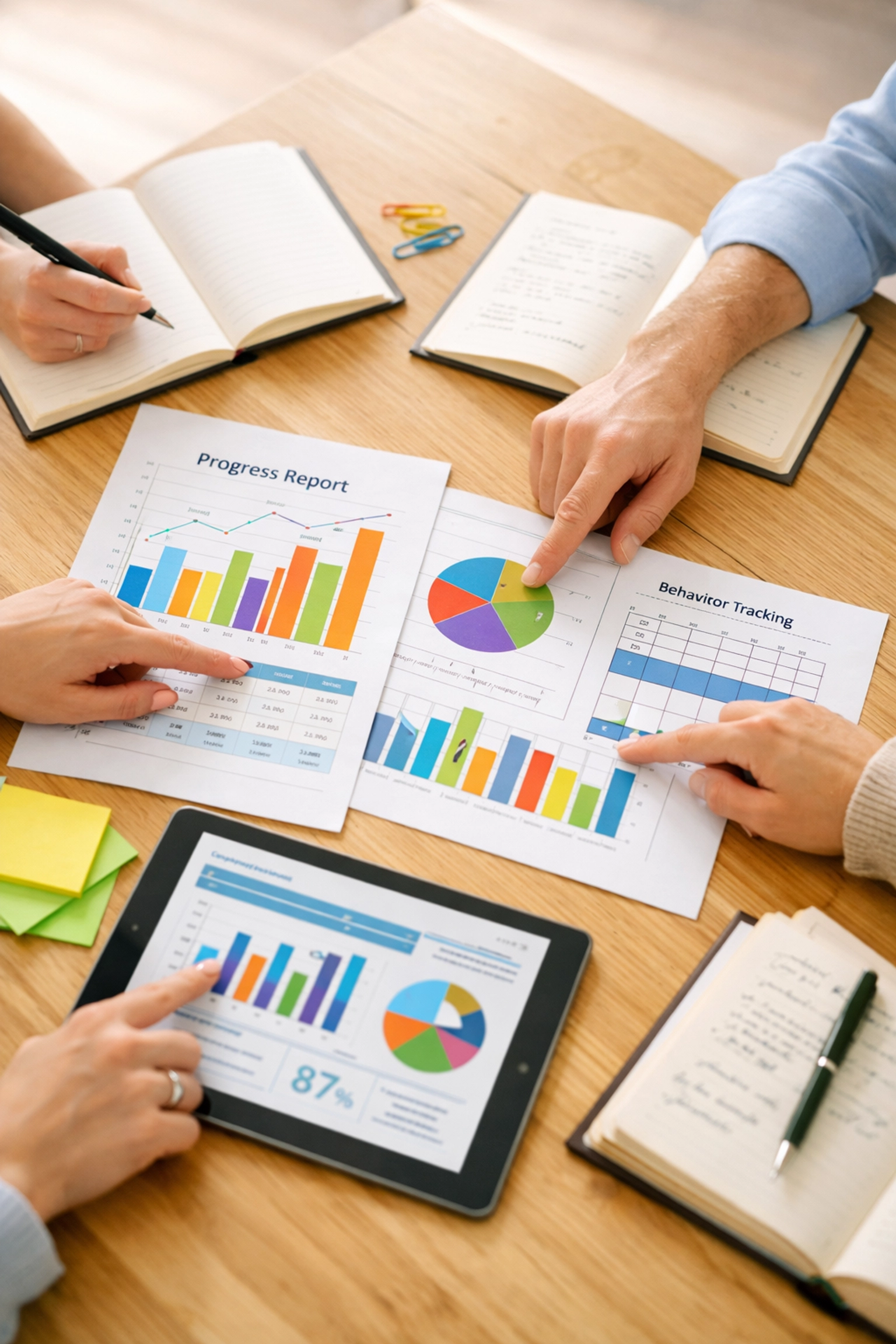 IEP meeting with progress data and collaboration between parents, therapists, and educators