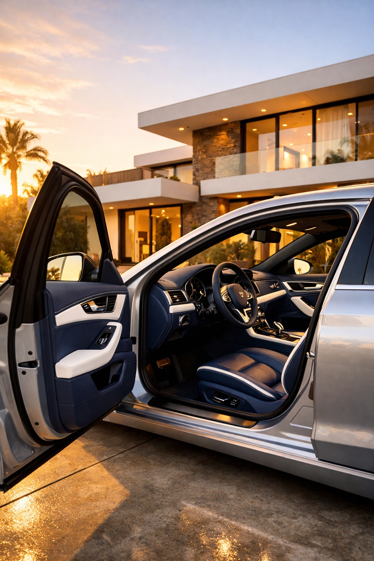 A spotless luxury car interior parked at a modern home, showcasing professional cleaning results.