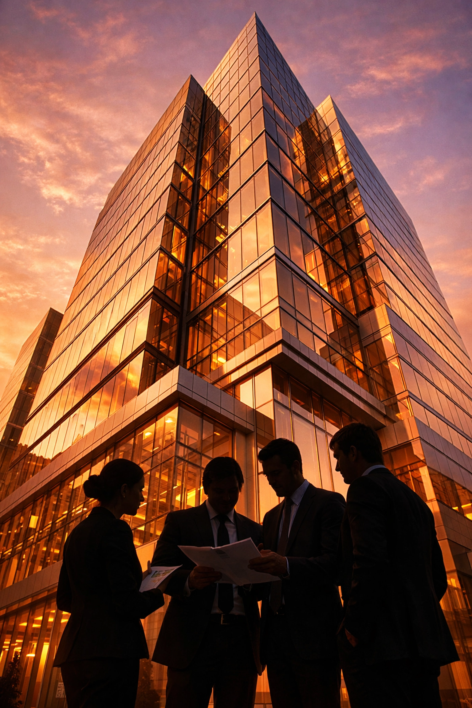 Commercial real estate syndication property with investors reviewing partnership documents