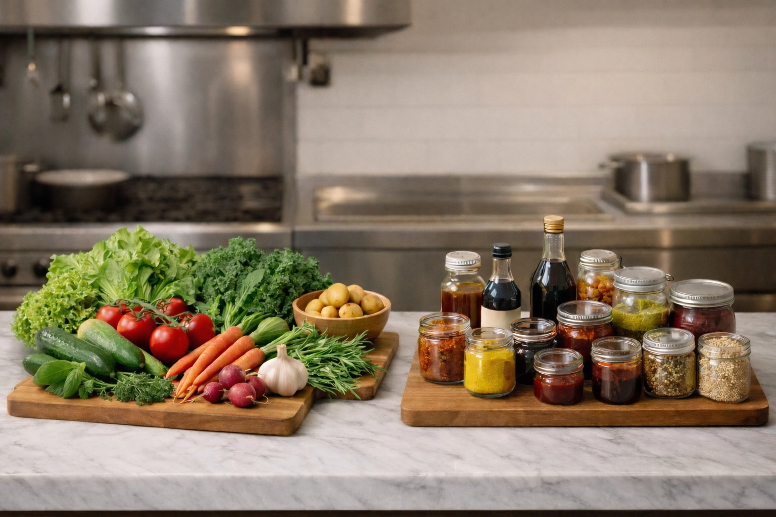 Local vegetables and global spices arranged on restaurant prep station for menu engineering
