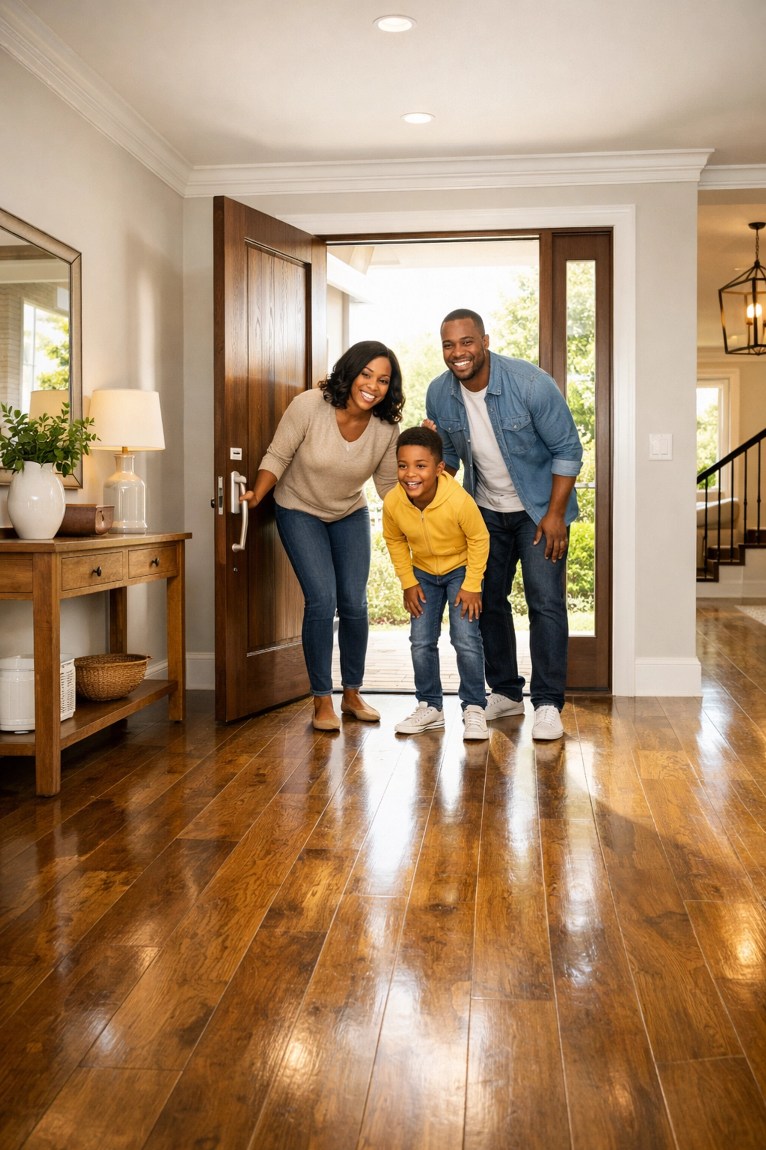 Black family entering their new modern home after relocating to the NC Triangle area.