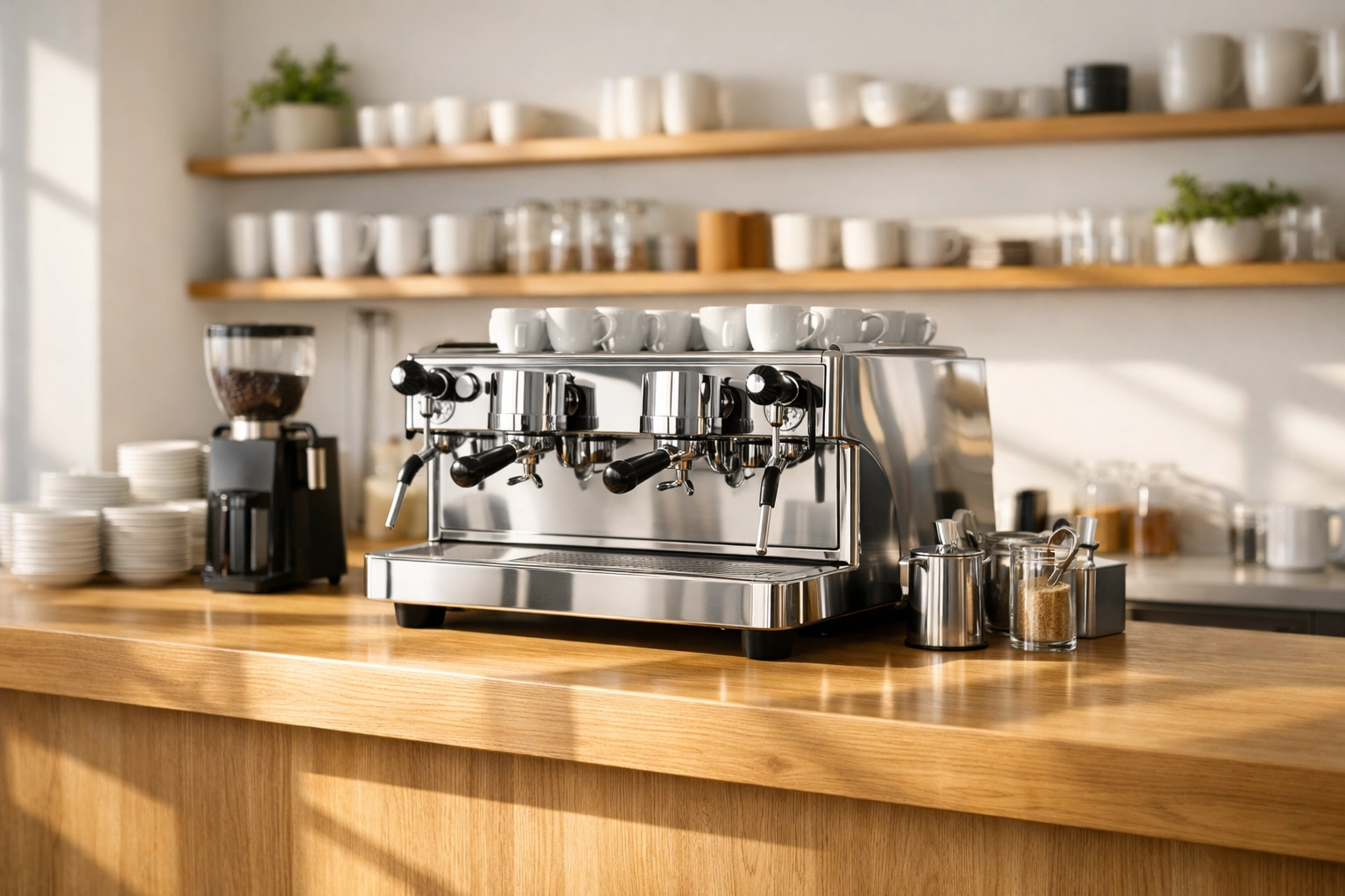 Professional espresso machine on a clean cafe counter, illustrating the ideal wholesale coffee setup.