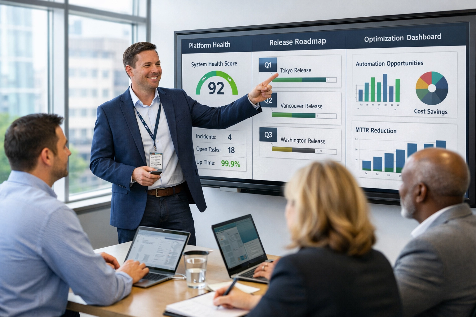 ServiceNow consultant presenting platform health metrics and optimization roadmap to client team