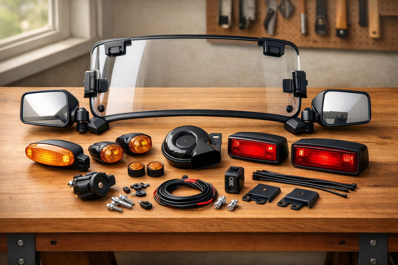 Street-legal UTV equipment including mirrors, turn signals, and brake lights