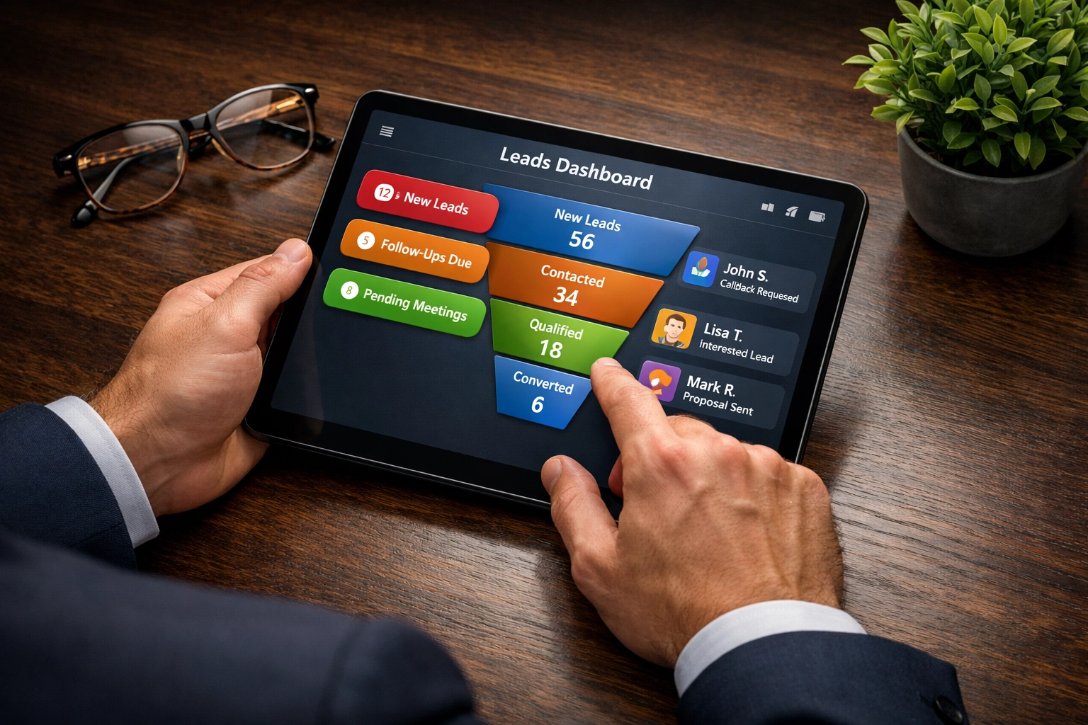 Digital dashboard on a tablet displaying an organized lead generation funnel for a small business.