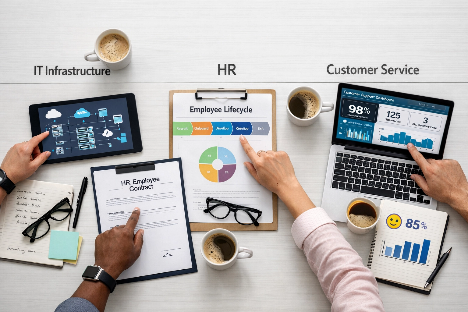 Enterprise team reviewing ServiceNow ITSM, HRSD, and CSM modules during strategic planning session