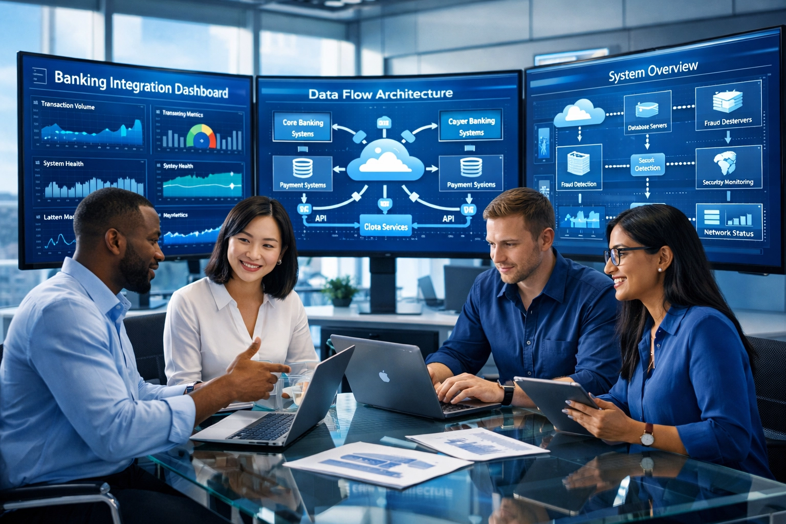 IT professionals collaborating on ServiceNow banking integration architecture and data systems