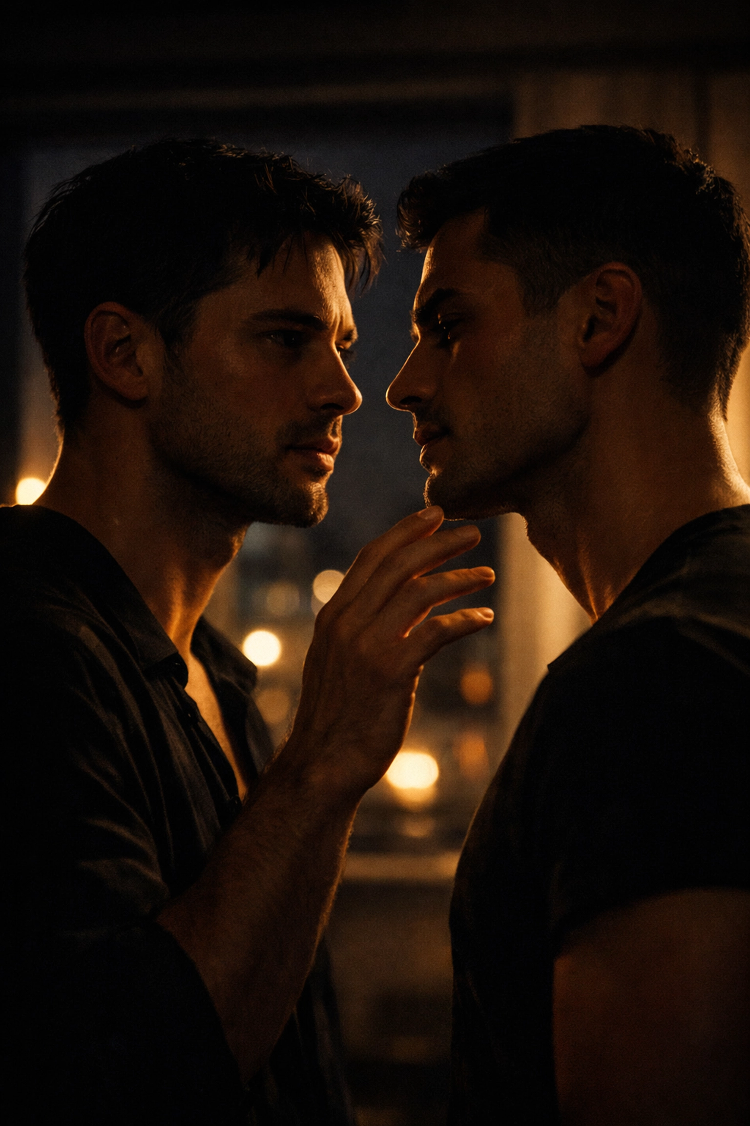 Two men standing close in a moody apartment, illustrating emotional tension in MM romance novels.