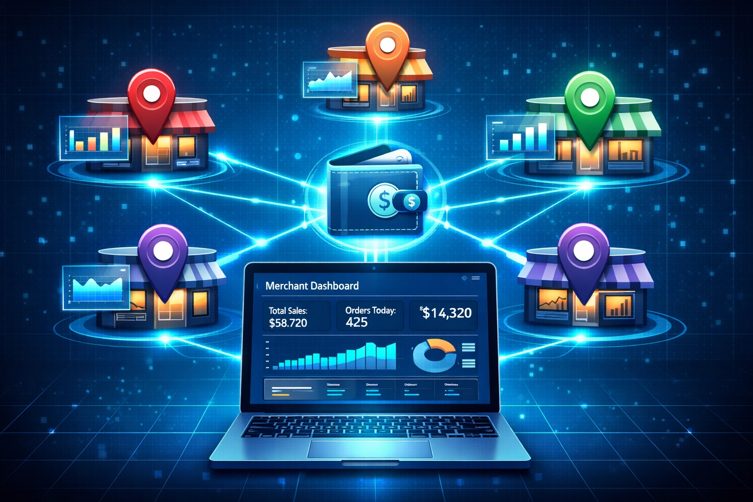 Larecoin merchant dashboard managing multiple store locations from single master wallet interface