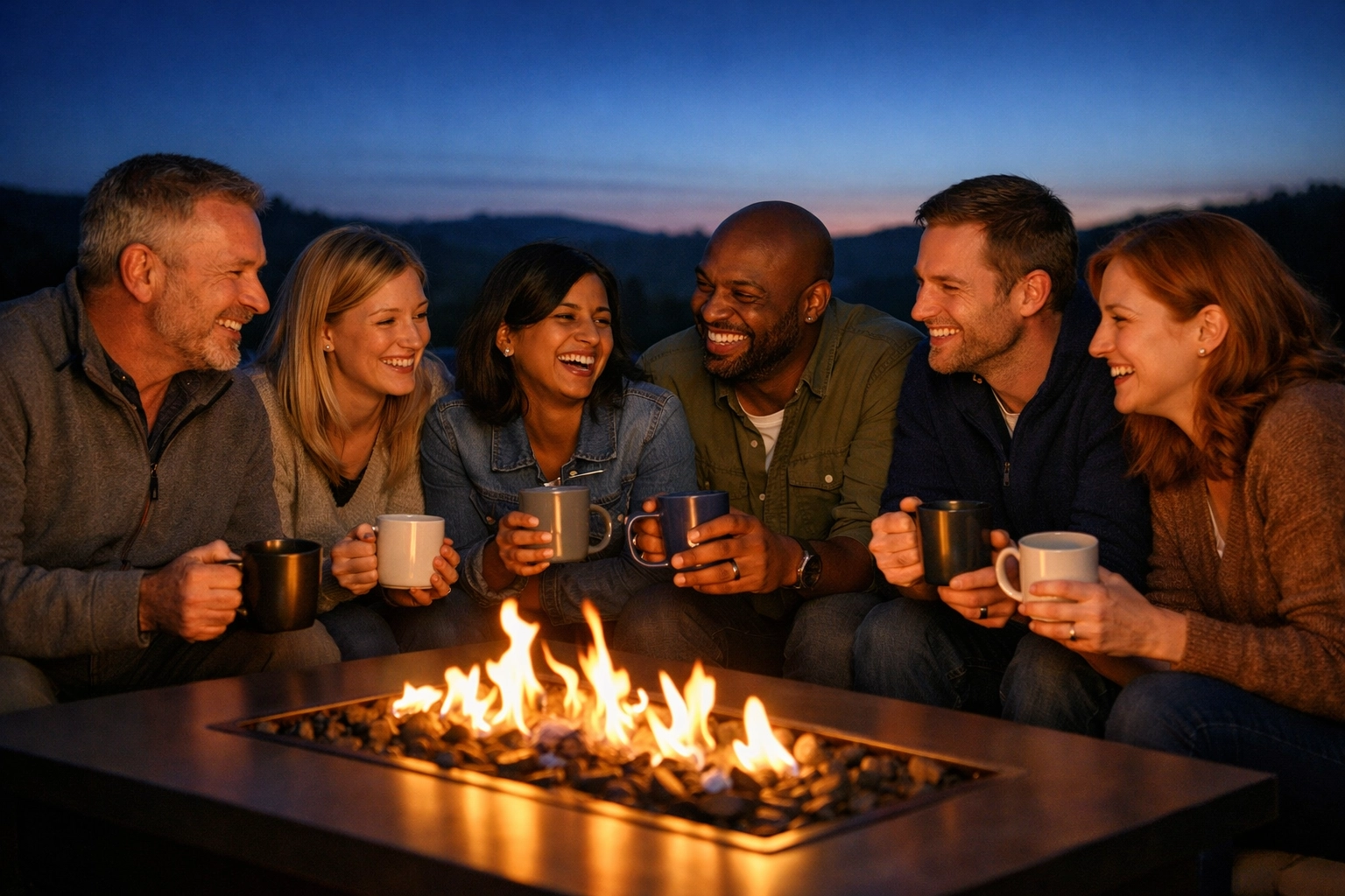 A team bonding around a fire pit during a relaxing corporate country retreat in the UK.