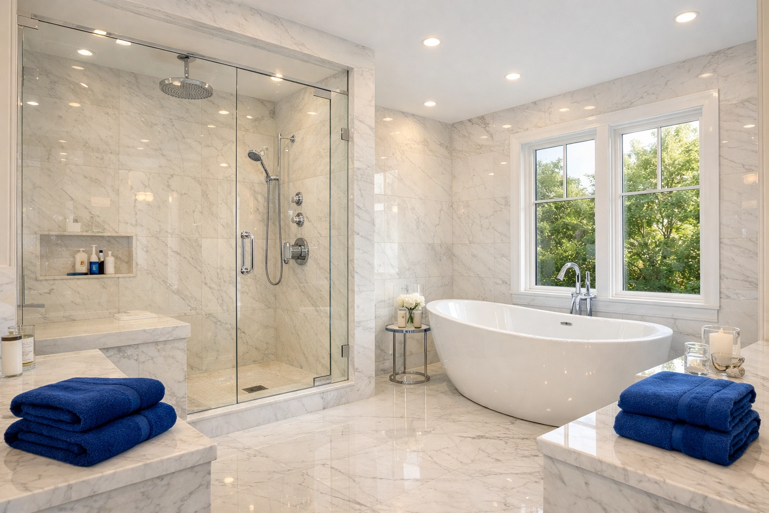 Deep cleaning services Newton MA for a luxury marble master bathroom with gleaming fixtures.