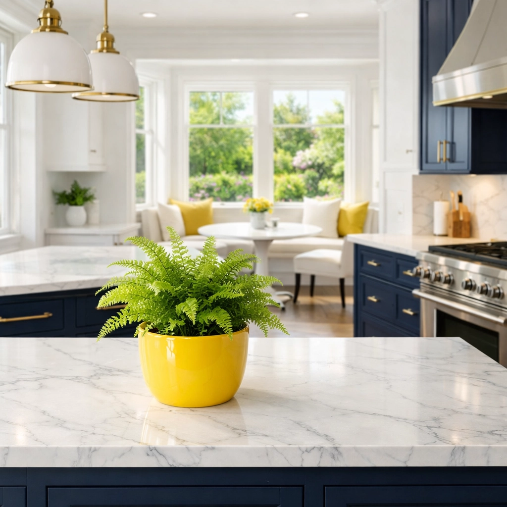 Eco-friendly residential cleaning Massachusetts kitchen with marble counters and custom cabinetry in Dover.