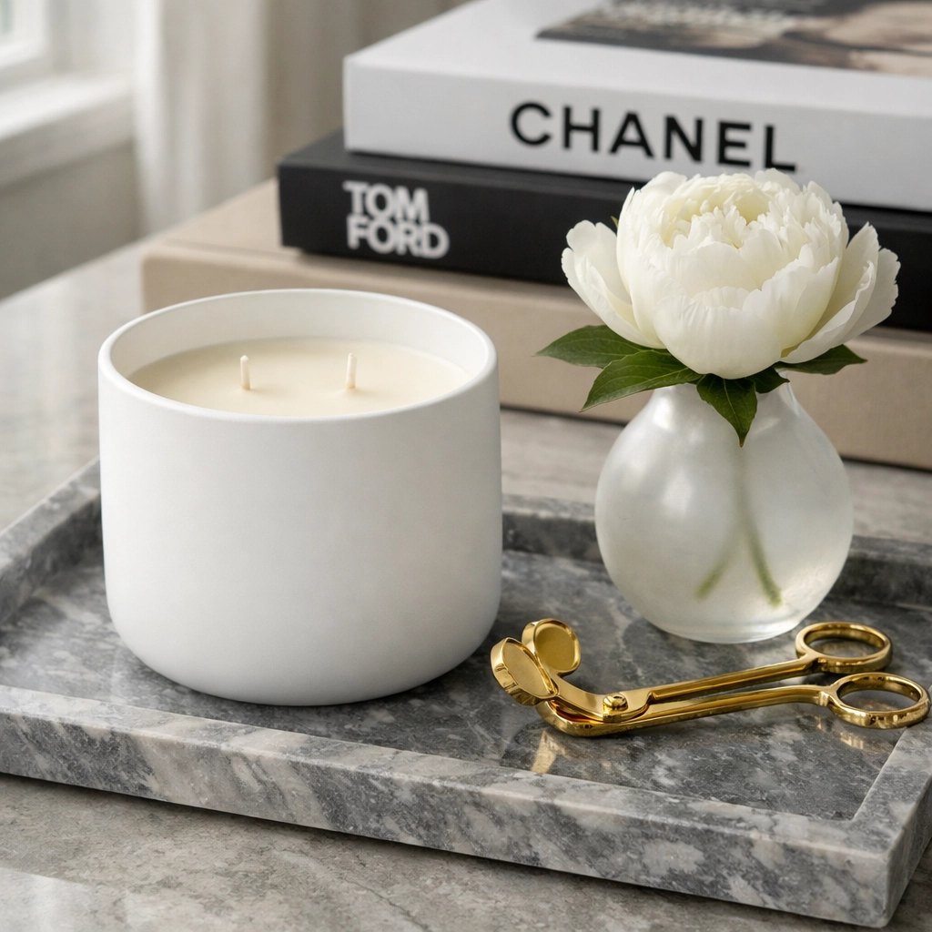 Aesthetic candles for home decor: a minimalist white soy candle on a marble tray with gold accessories.