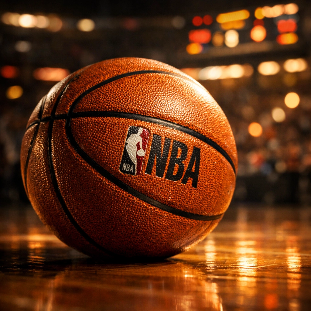 NBA Basketball auf Court mit Arena-Beleuchtung für Sportwetten-Analyse