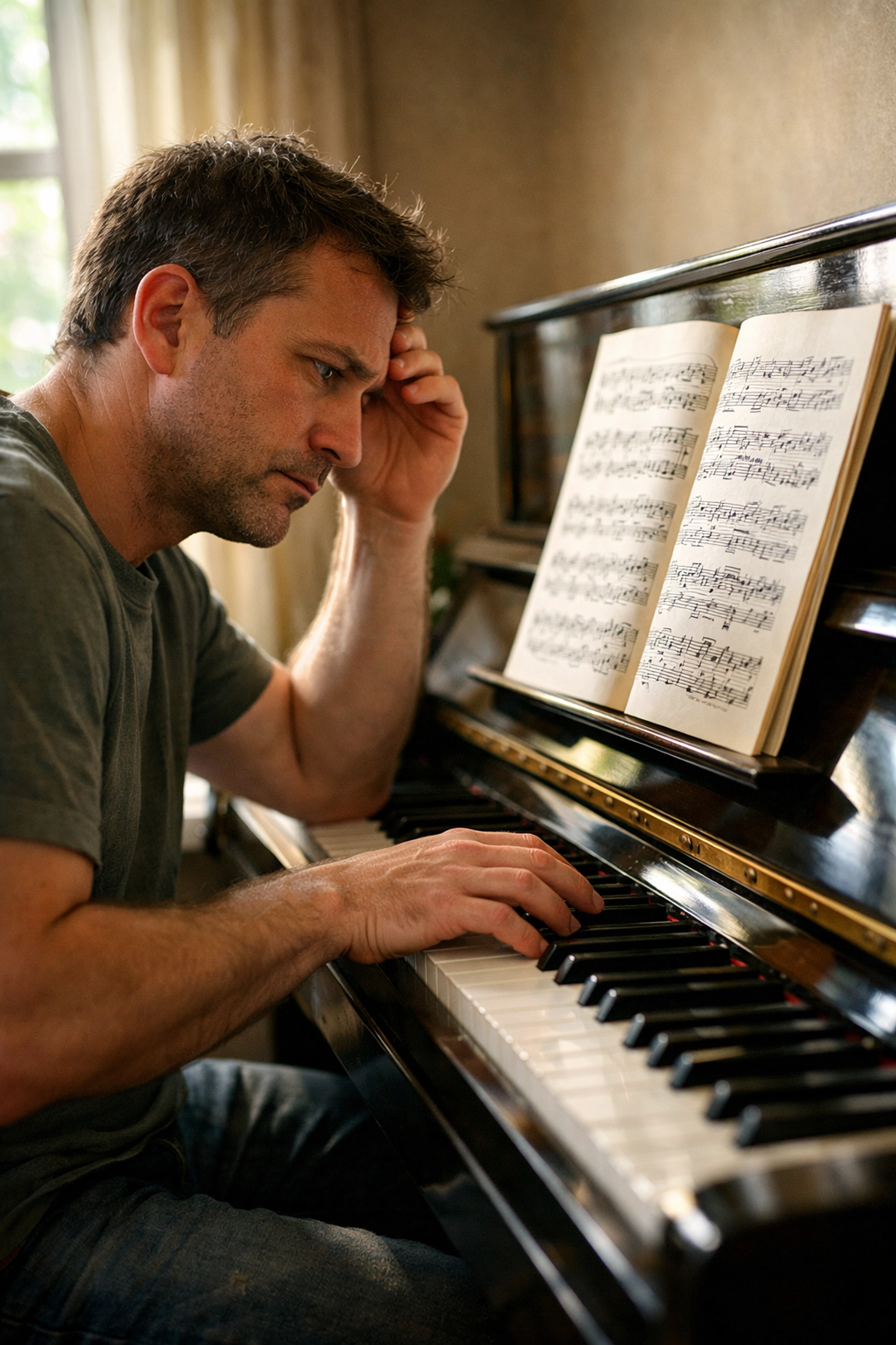 Adult student at a piano contemplating a difficult piece, highlighting a common practice plateau.