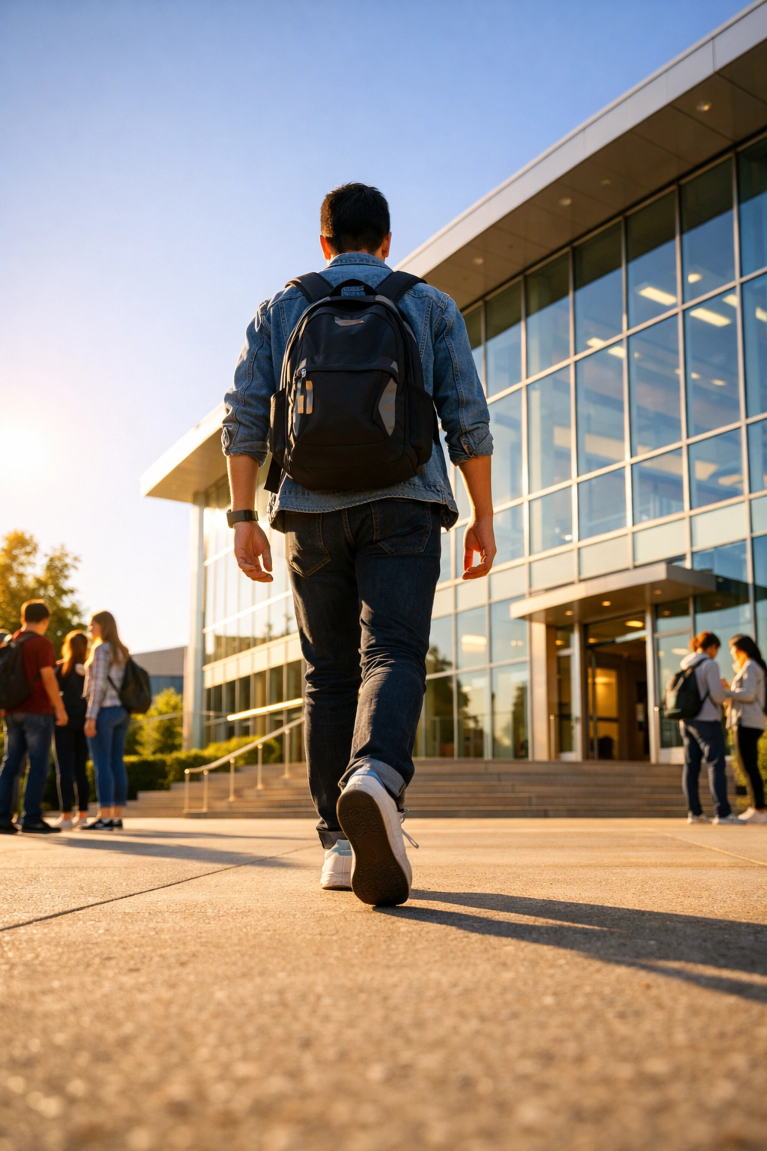 A confident student walking into their SAT testing center, prepared for peak performance.