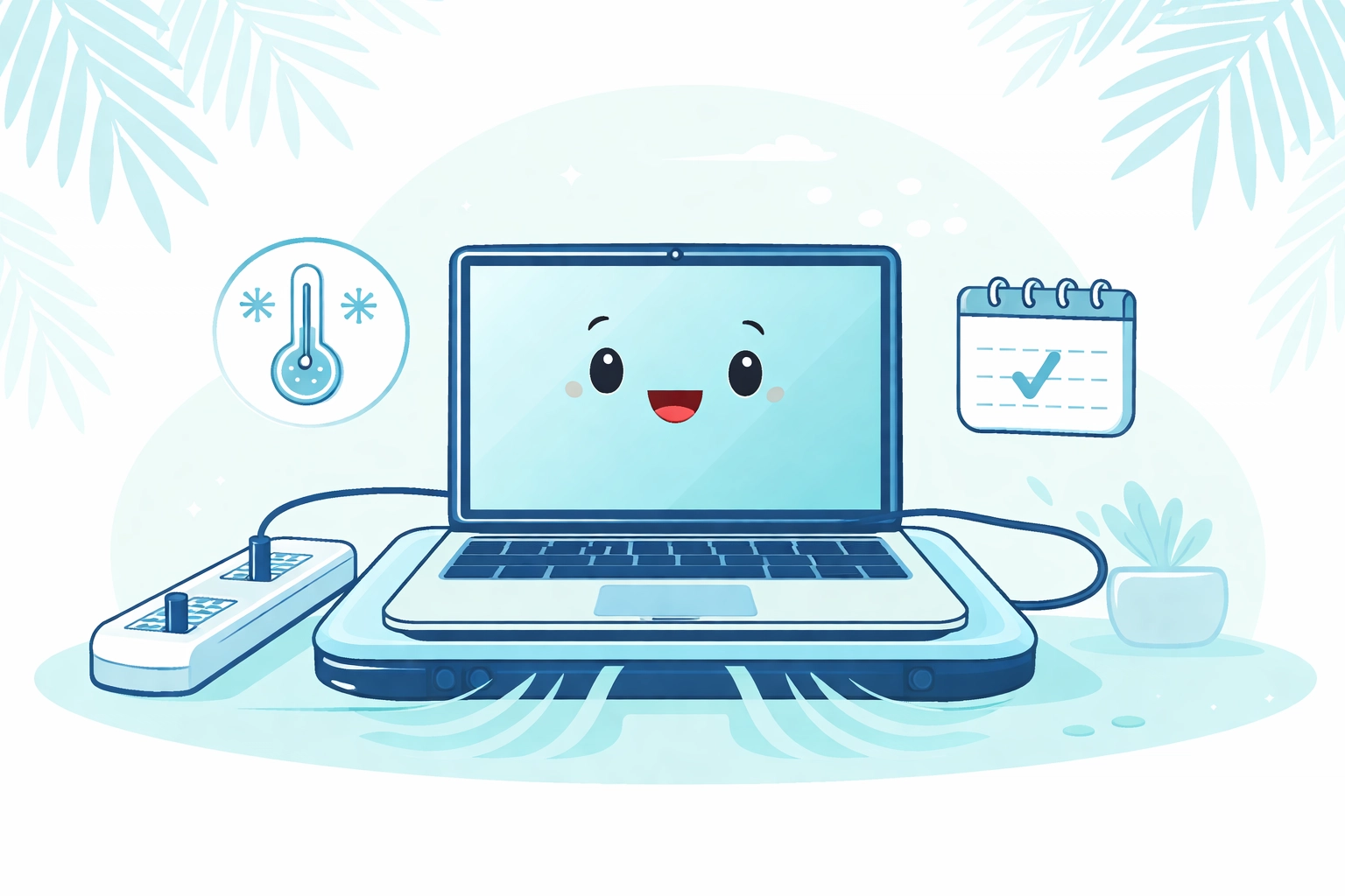 Healthy laptop plugged into a surge protector and cooling pad, representing proper laptop care and maintenance in Port Charlotte.