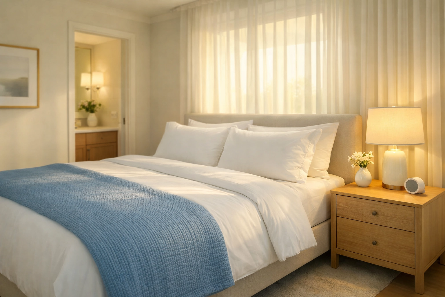 Dust-free serene bedroom sanctuary highlighting the quality of house cleaning services MA.