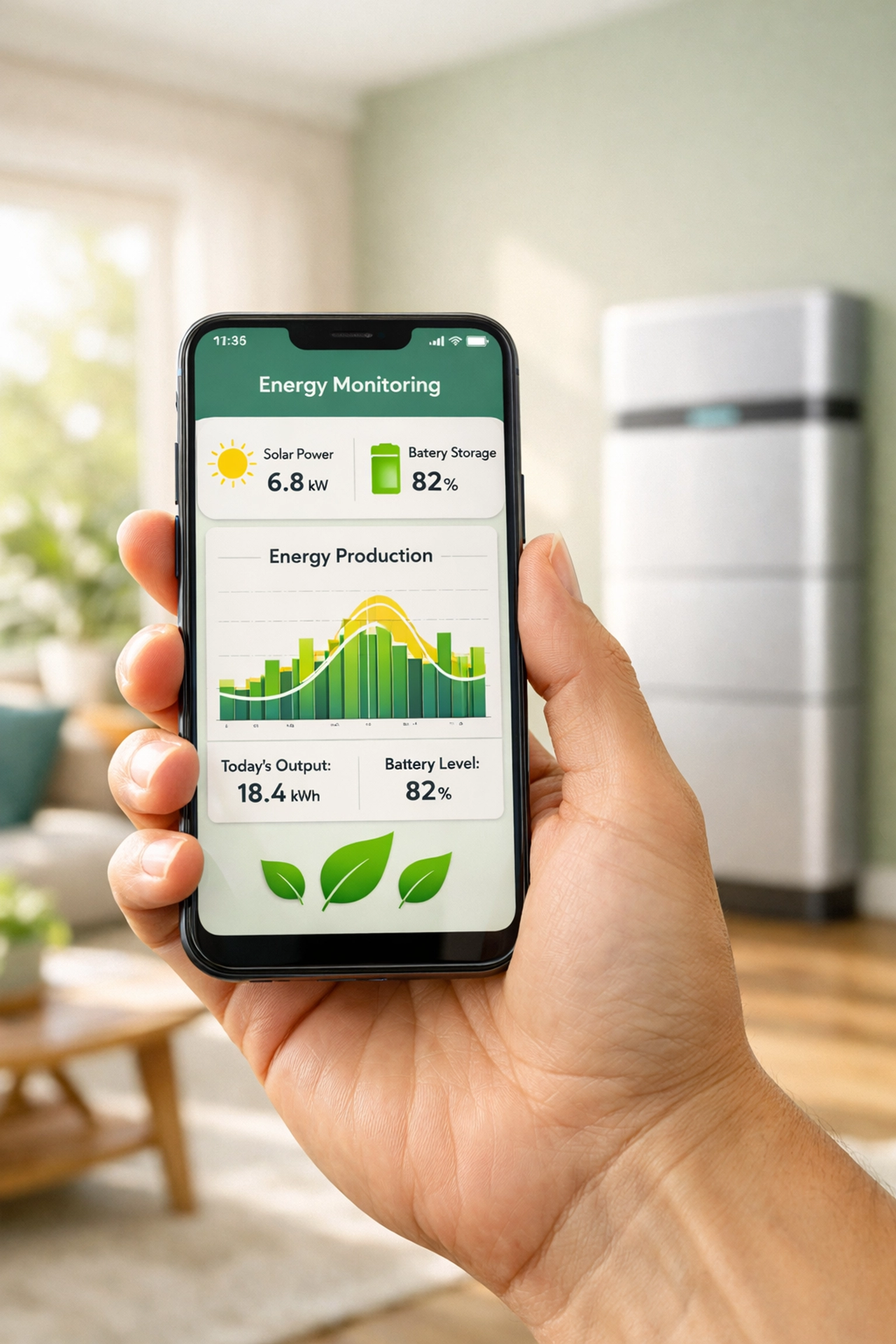 Monitoring home solar production and smart battery storage performance through a mobile energy management app.