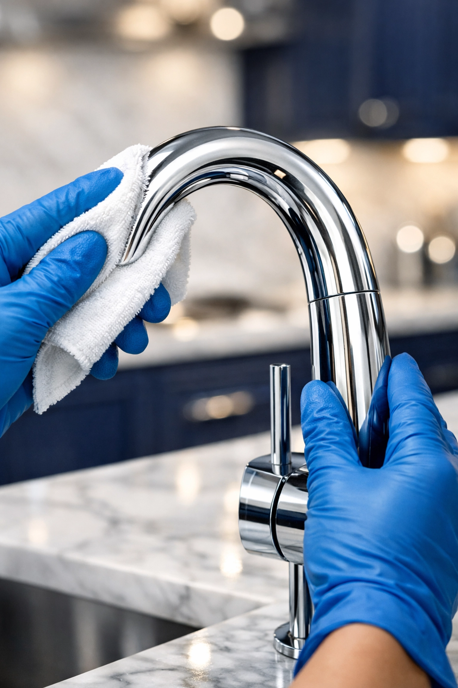 Sanitizing high-touch kitchen fixtures during a professional house cleaning Dunstable MA service for a germ-free home.