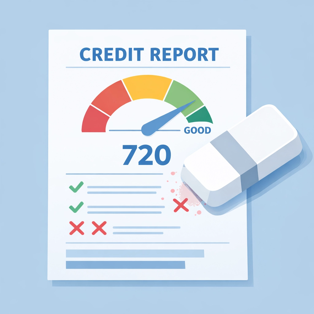 Ilustración de reporte de crédito siendo limpiado para una reparación de crédito efectiva.