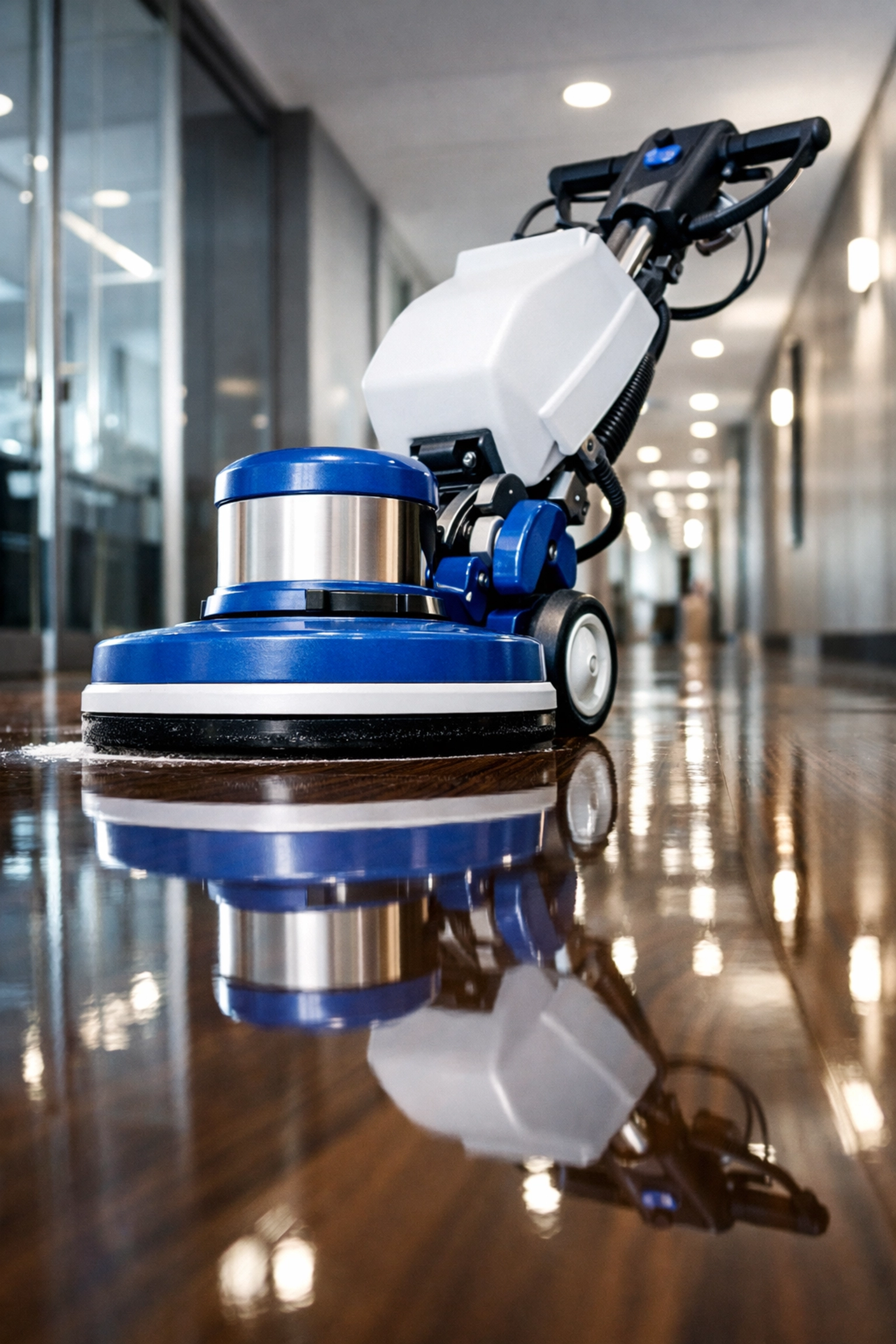 Industrial floor polisher cleaning a high-gloss office corridor with ninja-like efficiency in Bellingham.