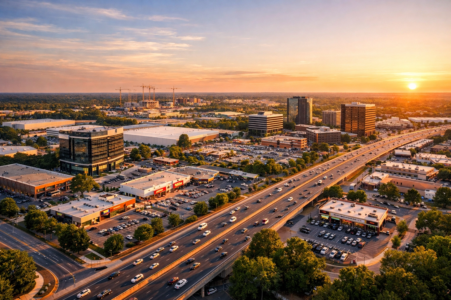 Aerial view of growing Southeast commercial real estate market with retail centers and industrial development