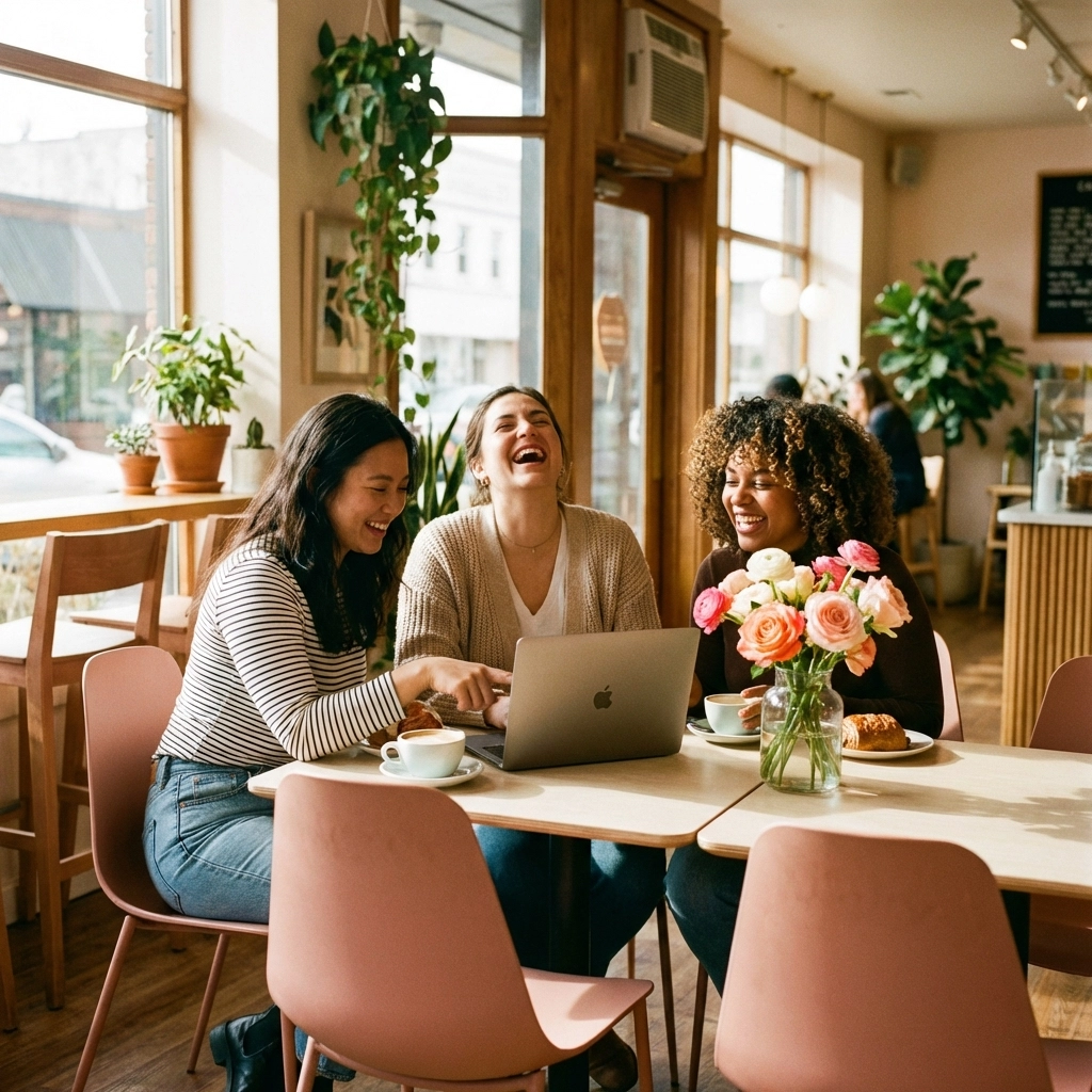 Three women bonding over a laptop in a café, demonstrating authentic community building for social media success.
