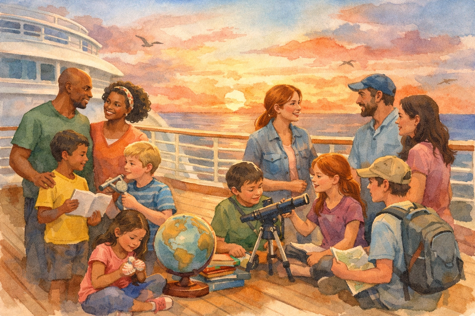 Homeschool parents connecting on a cruise deck during a golden-hour sunset