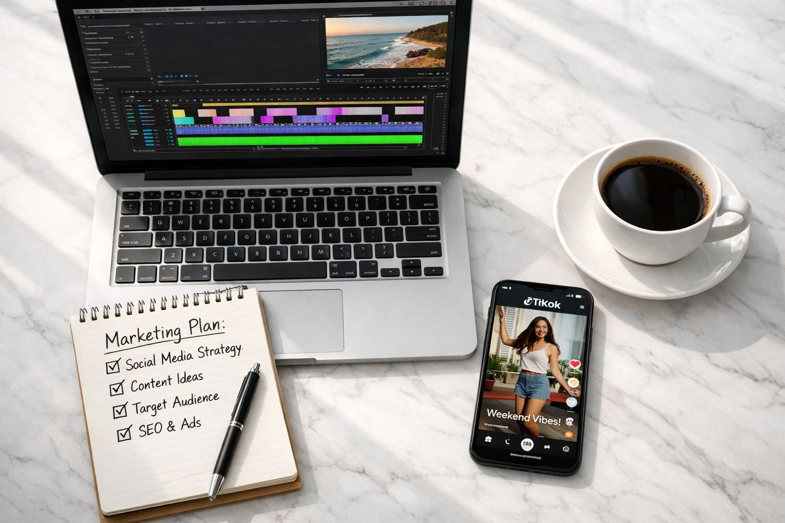 Social media marketing workspace with laptop showing video editing and TikTok on smartphone