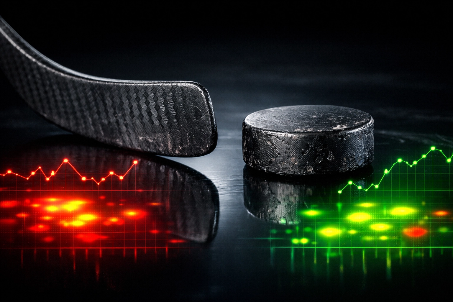 Hockey puck and stick with digital overlays of heat maps showing advanced NHL analytics and betting trends.