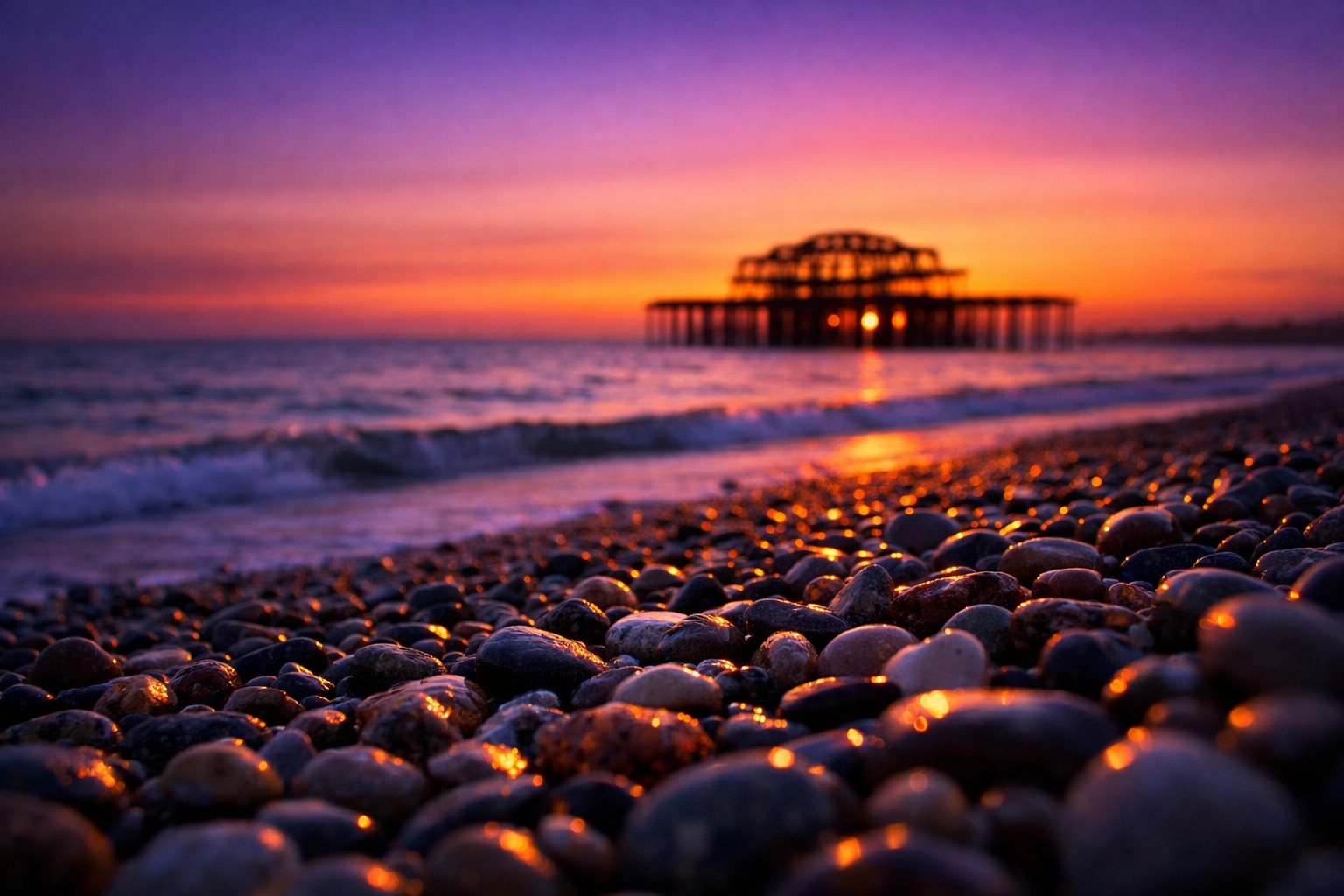 Serene sunset view of Brighton Beach and the West Pier, providing a peaceful setting for an ash scattering ceremony.