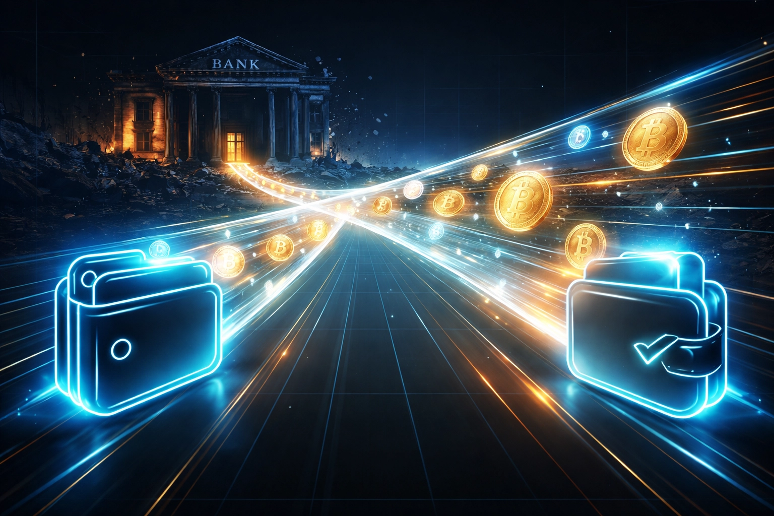 Digital crypto coins flowing instantly between wallets, bypassing a bank, illustrating Larecoin self-custody payments.