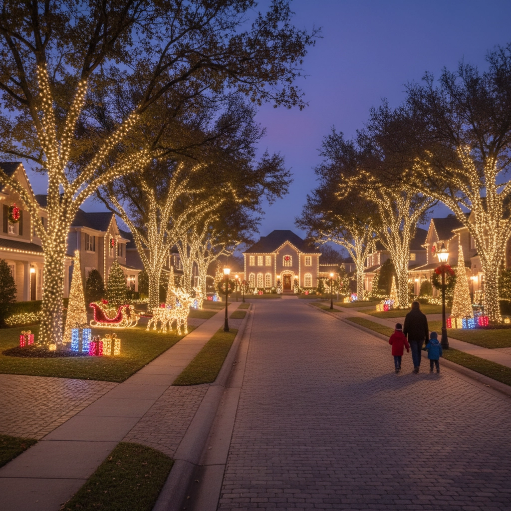 A residential street in Camden County beautifully decorated with elaborate Christmas lights A residential street in Camden County beautifully decorated with elaborate Christmas lights