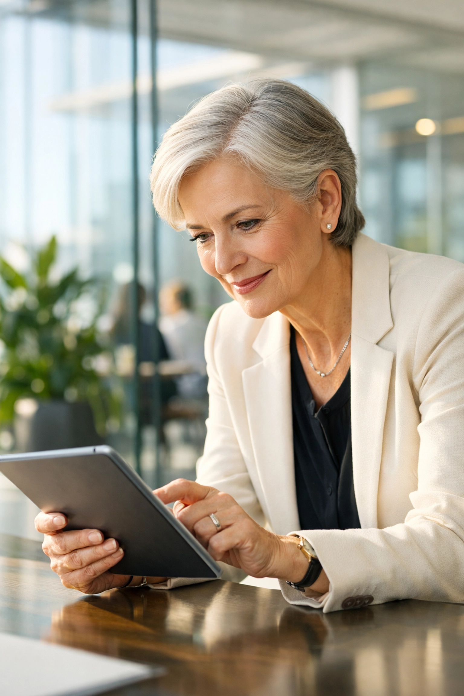 Senior female executive using a tablet in a modern office to improve capability velocity and strategic thinking.