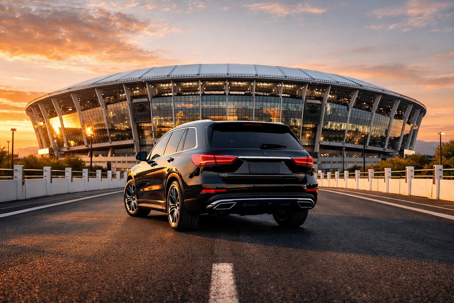 Luxury executive SUV arriving at a modern stadium for seamless Super Bowl corporate travel logistics.