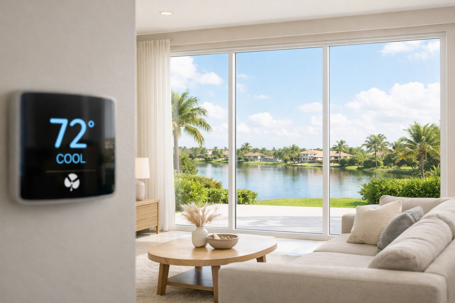Energy-efficient Low-E impact windows Florida protecting a modern home interior from intense heat and UV rays.