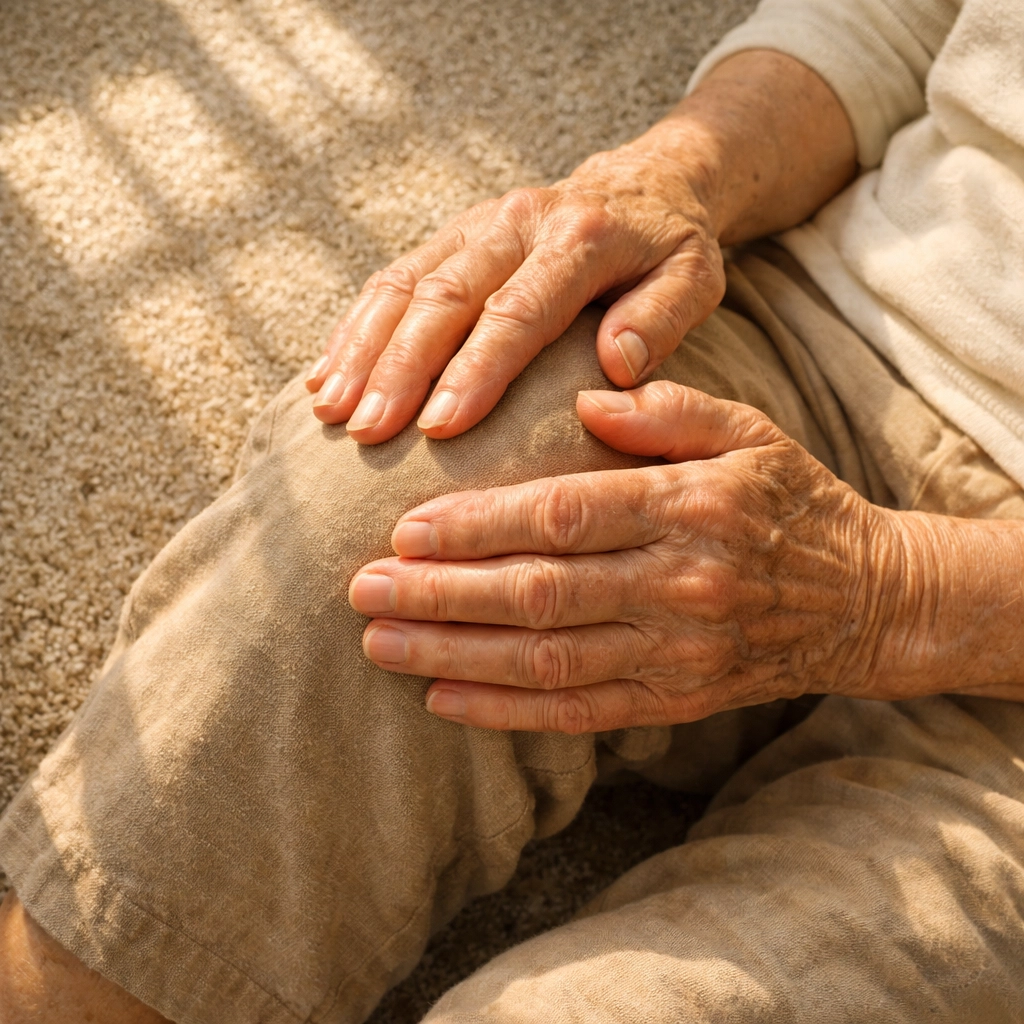 Senior checking for injuries on floor after falling