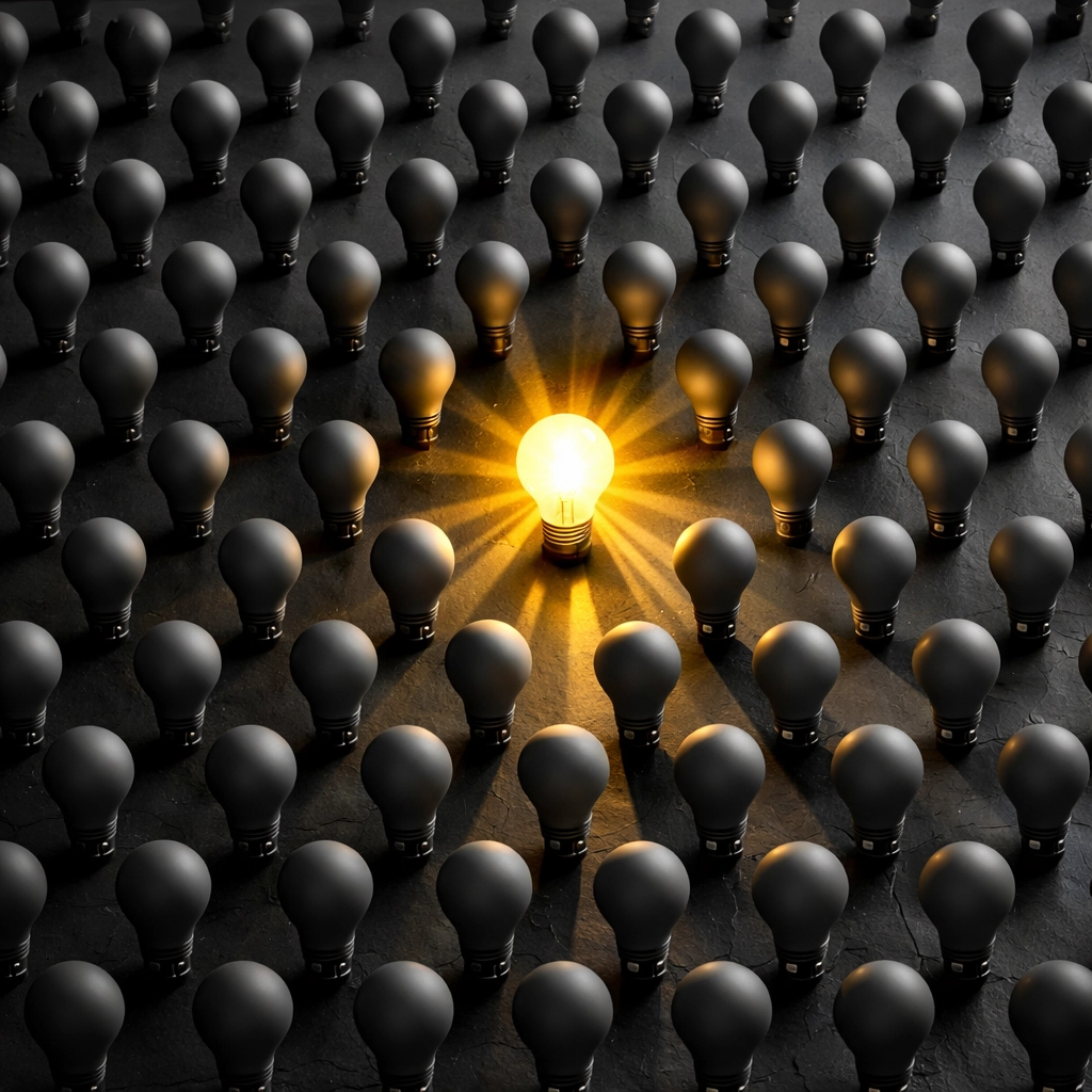 A single glowing lightbulb representing high-performing outlier content identified through social media data.