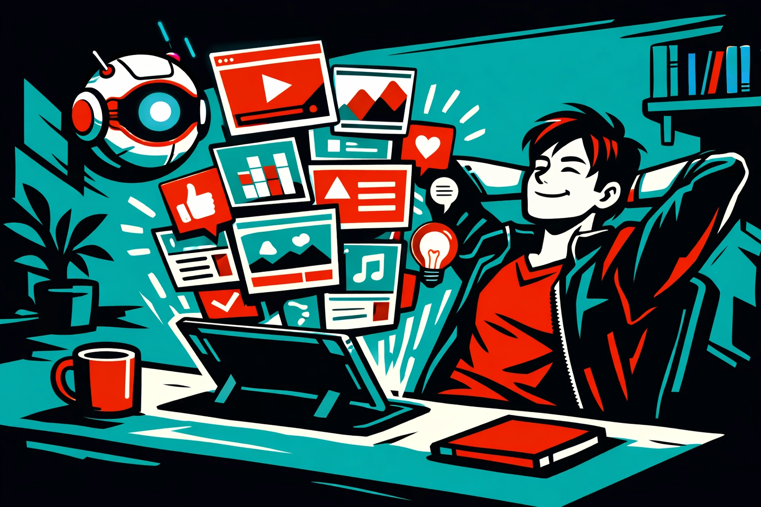 Relaxed solopreneur using AI business automation tools to create high-performing social media content.