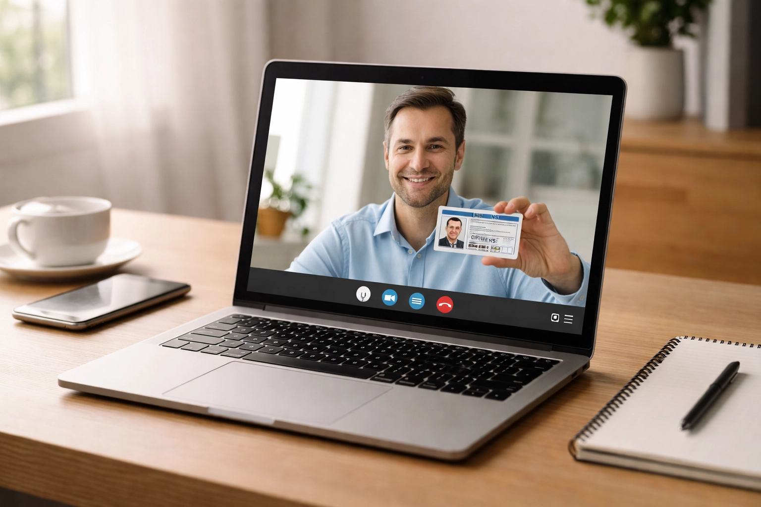 Remote online notarization video call with a person displaying their driver's license to the webcam for ID verification